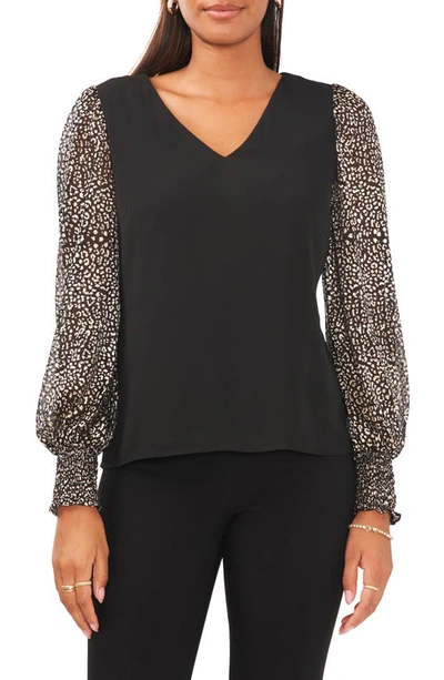 Chaus V-neck Smocked Cuff Blouse In Black/ Gold