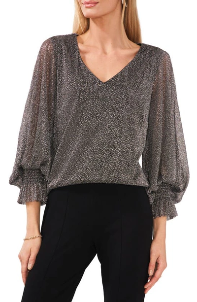 Chaus V-neck Smocked Cuff Blouse In Black/ Silver/ Gold