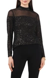 Chaus Sequin Mock Neck Long Sleeve Top In Black
