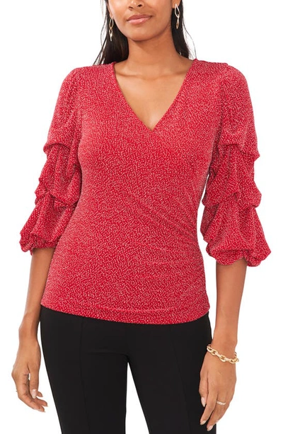Chaus Surplice V-neck Lantern Sleeve Blouse In Cc Red/ Silver