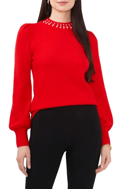 Chaus Imitation Pearl Collar Sweater In Cherry Red