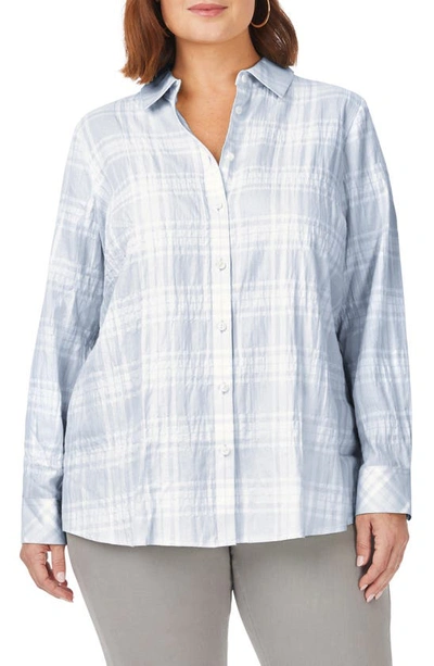 Foxcroft Rhea Plaid Tunic Blouse In Soft Blue