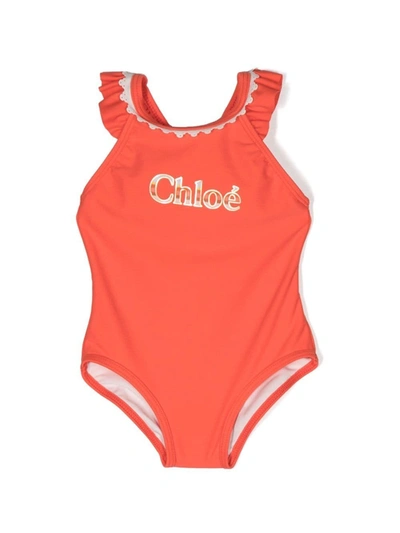 Chloé Babies' Logo印花荷叶边边饰连体泳衣 In Orange