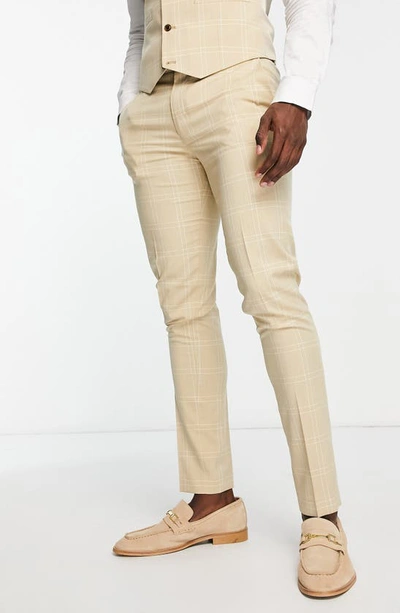 Asos Design Skinny Suit Pants In Stone Windowpane Check-neutral