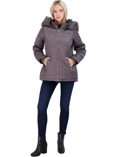 Jessica Simpson Womens Faux Fur Water Resistant Quilted Coat In Grey