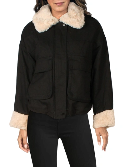 Adrienne Landau Womens Faux Fur Trim Short Soft Shell Jacket In Black