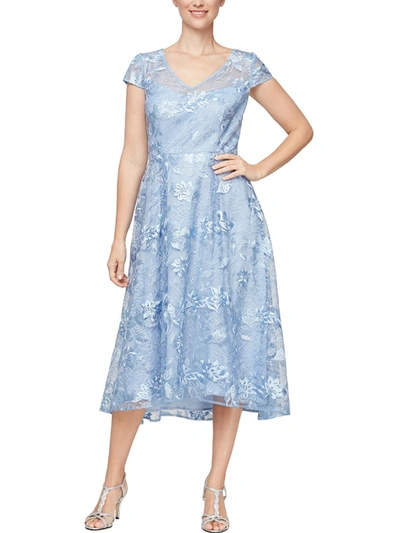 Alex Evenings Womens Lace Overlay Mid Calf Evening Dress In Blue