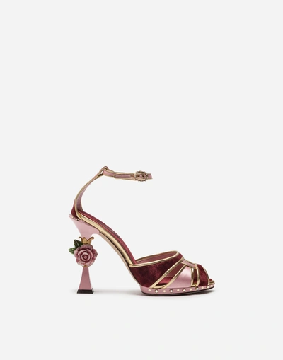 Dolce & Gabbana Sandal In Satin And Velvet With Sculpted Heel In Pink