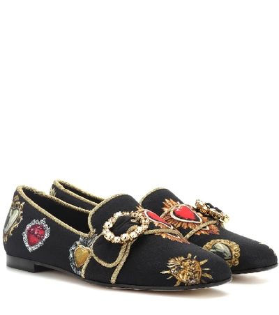 Dolce & Gabbana Slippers In Printed Cady With Jewel Buckle In Black