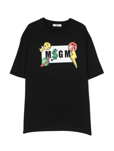 Msgm Kids' Boys Black Cotton Logo T-shirt In Nero
