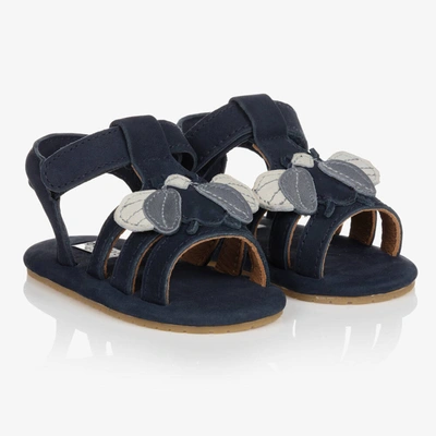 Donsje Blue Leather Scarab Baby Sandals In Navy