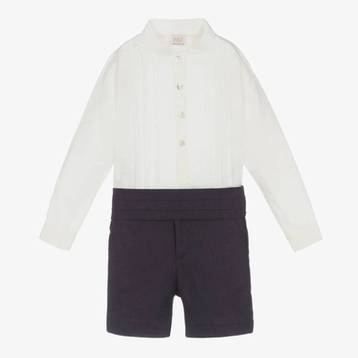 Paz Rodriguez Babies' Boys Navy Blue & White Linen Shorts Set