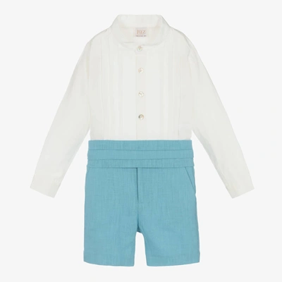 Paz Rodriguez Babies' Boys Blue & White Linen Shorts Set