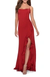 La Femme Flutter Slit Trumpet Gown In Red