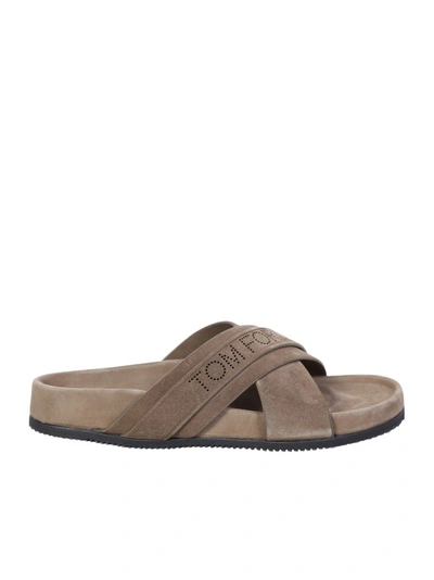 Tom Ford Logo Suede Slides In Neutrals