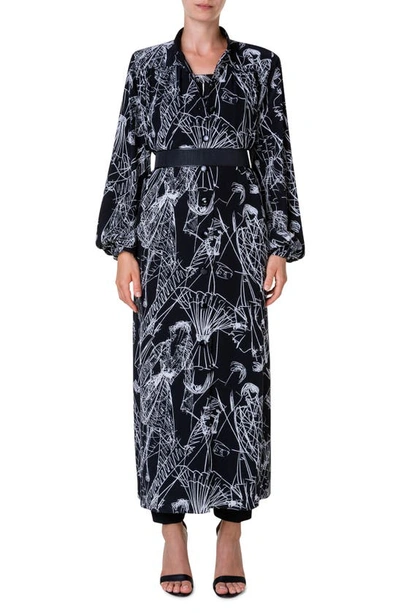 Akris Kaftan Dress, Silk, Croquis Print, Mock Neck, Front Button Closure, Side Slits, Long Sleeve In Black-cream