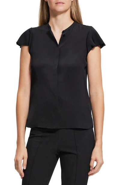 Theory Ruffle-sleeve Silk Button-front Top In Nocturne Navy