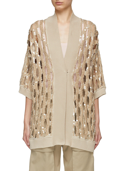 Brunello Cucinelli Long Cardigan Dazzling Mesh In Linen And Silk In Neutral