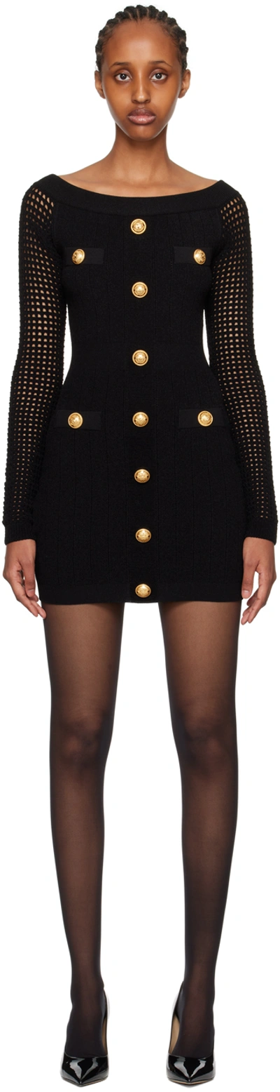 Balmain Button-front Off-the-shoulder Mesh-sleeve Mini Dress In Black