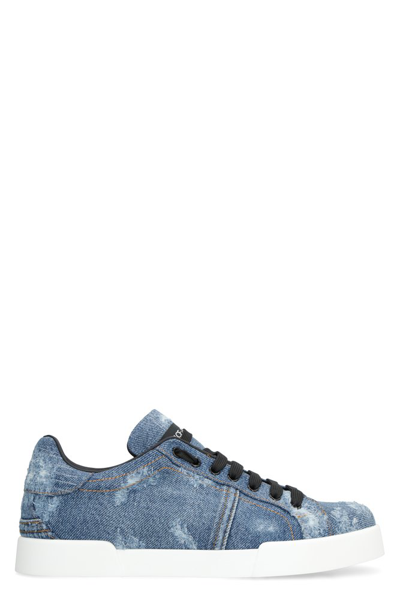 Dolce & Gabbana Denim Patchwork Portofino Sneakers In Blue