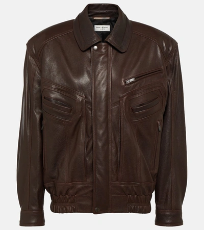 Saint Laurent Leather Bomber Jacket In Brown