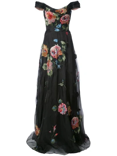 Marchesa Notte Off-the-shoulder Embroidered Silk Organza Ball Gown In Black