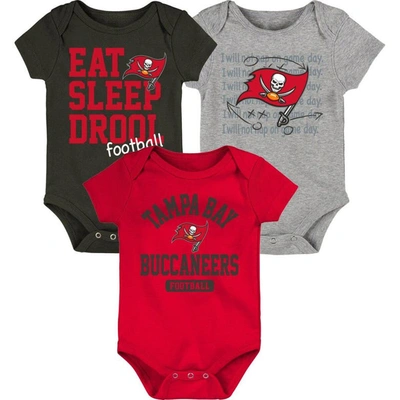 Outerstuff Babies' Newborn & Infant Red/pewter/heathered Gray Tampa Bay Buccaneers Three-piece Eat Sleep Drool Bodysuit In Red,pewter,heathered Gray