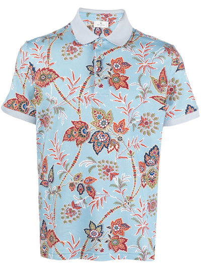 Etro Floral-print Cotton Polo Shirt In Light Blue