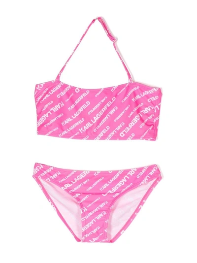 Karl Lagerfeld Kids' Logo-print Halterneck Bikini In Rosa