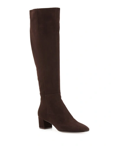 Gianvito Rossi Low-heel Suede Knee Boots In Brown Dark