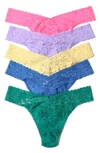 Hanky Panky Assorted 5-pack Lace Original Rise Thongs In Sizzle Pink/hyacinth/buttercup