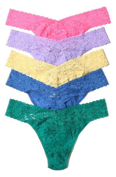 Hanky Panky Assorted 5-pack Lace Original Rise Thongs In Sizzle Pink/hyacinth/buttercup