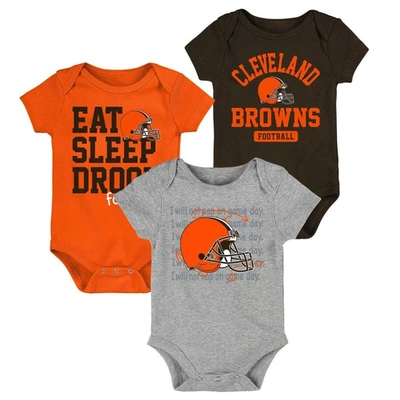 Outerstuff Babies' Newborn & Infant Brown/orange/heathered Gray Cleveland Browns Three-piece Eat Sleep Drool Bodysuit S In Brown,orange