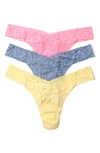Hanky Panky Assorted 3-pack Original Rise Thongs In Peach Fizz/chambray/buttercup