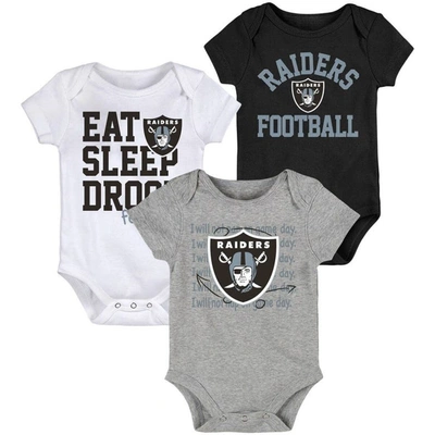 Outerstuff Babies' Newborn And Infant Boys And Girls Black, Gray Las Vegas Raiders Eat Sleep Drool Football Three-piece In Black,gray