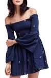 Free People Counting Daisies Embroidered Off The Shoulder Dress In Blue Combo