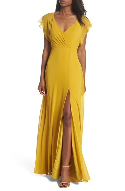 Jenny Yoo Alanna Open Back Chiffon Gown In Chartreuse