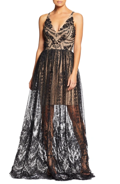 Dress The Population Chelsea Lace A-line Gown In Black/ Black
