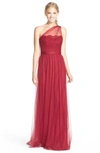 Amsale One-shoulder Lace & Tulle Gown In Crimson