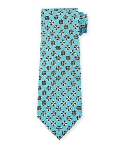 Isaia Printed Medallion Silk Tie In Turquoise