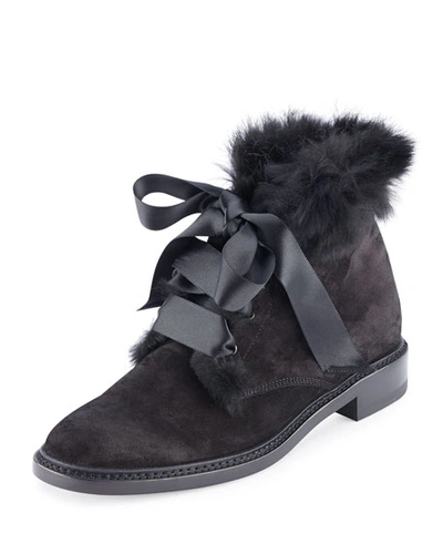 Louis Vuitton Glaciere Black Suede Ankle Boots Trimmed in Black Rabbit Fur