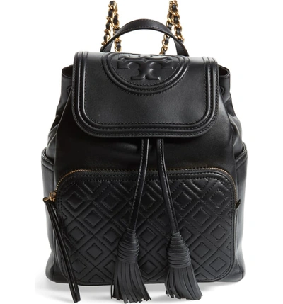 Tory Burch Fleming Lambskin Leather Backpack - Black In Black/gold