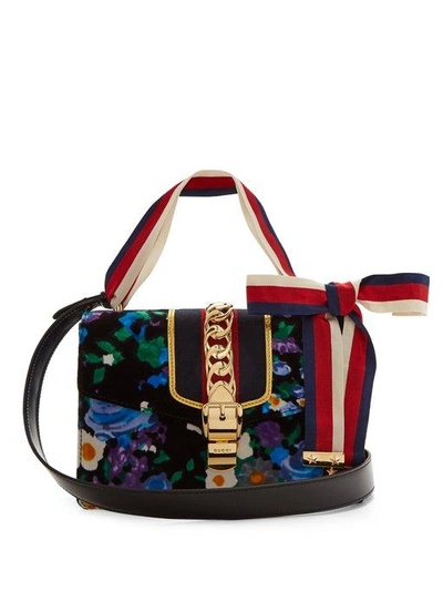 Gucci Small Floral Print Leather Shoulder Bag - Black In Black/ Blue Red Blue