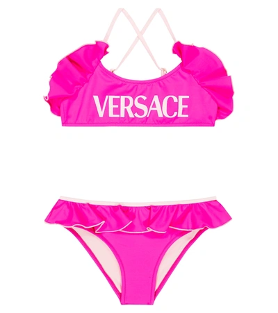 Versace Kids' Girls Pink Ruffle Logo Bikini