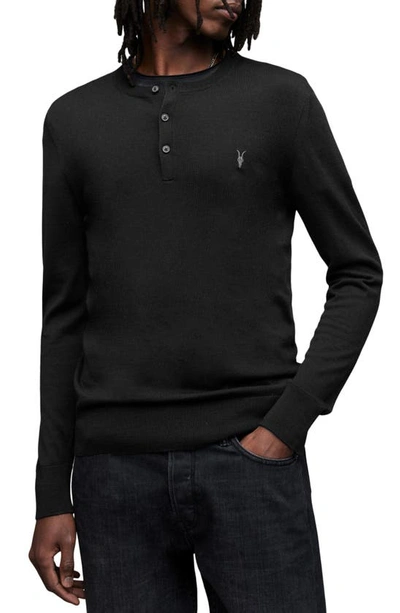 Allsaints Mode Merino Wool Henley Sweater In Jet Black