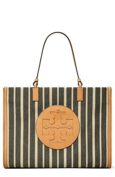 Tory Burch Ella Striped Canvas Tote Bag In Black / Ivory