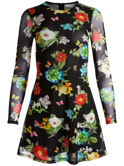 Alice And Olivia Floral-print Delores Long-sleeve Mesh Mini Dress In Multi