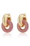 Luv Aj Pave Circle Charm Interlock Hoop Earrings In Gold Tone In Pink