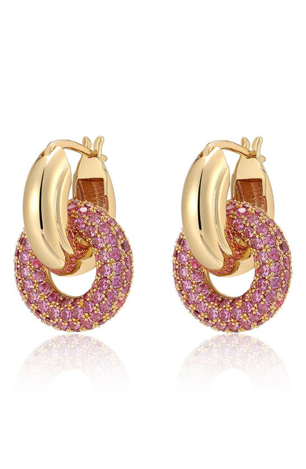 Pave Circle Charm Interlock Hoop Earrings In Gold Tone In Pink/gold