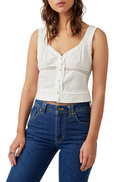Free People Kerry Crop Embroidered Lace Inset Cotton Tank In Optic White